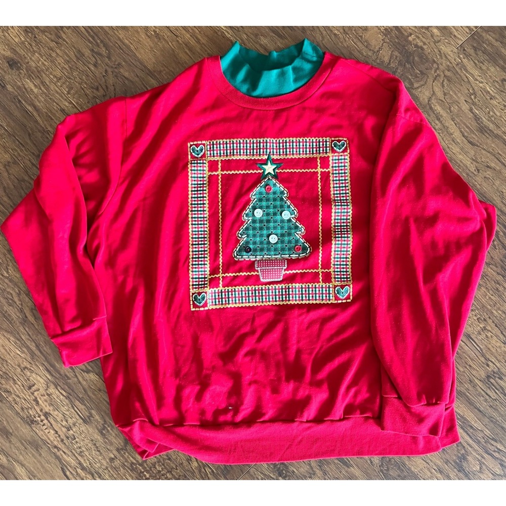 Vintage Nutcracker Plus Size Christmas Sweatshirt Red Plaid Tree Green Mock Neck